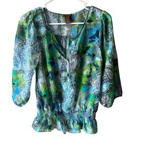 COPPER KEY Blouse Sz S Tropical Floral Greens 3/4 Sleeve Sheer Top Elastic Waist
